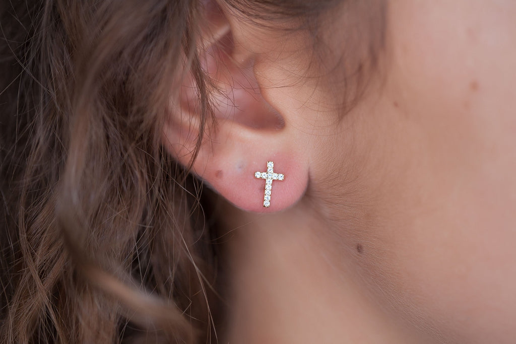 Kreuz Ohrringe Ohrstecker mit Zirkonia - Vergoldet | Shop Nory