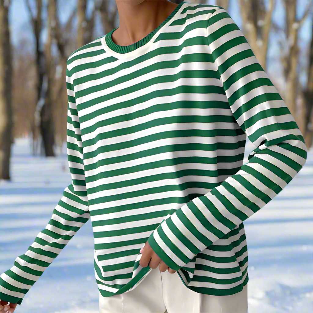 Langarm-T-Shirt Gestreift Rundhals Relaxed Fit Atmungsaktive Baumwolle