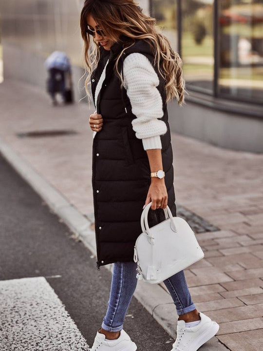 ShopNory Damen Lange Steppweste mit Kapuze