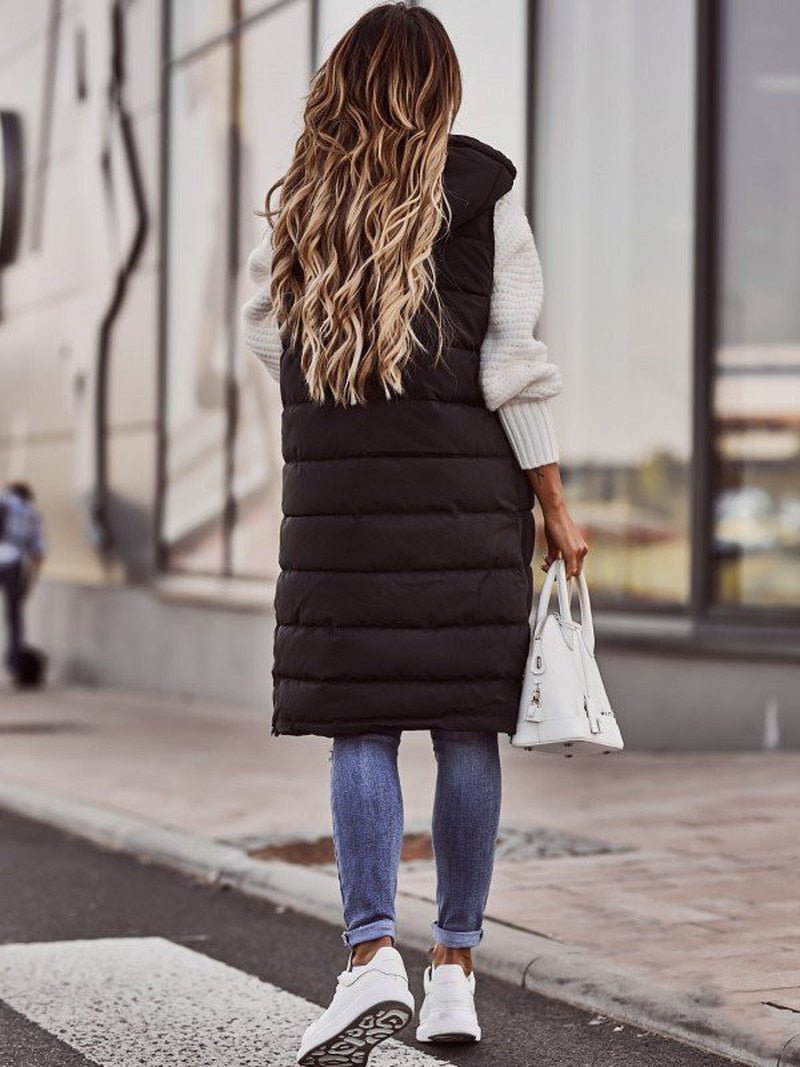 ShopNory Damen Lange Steppweste mit Kapuze