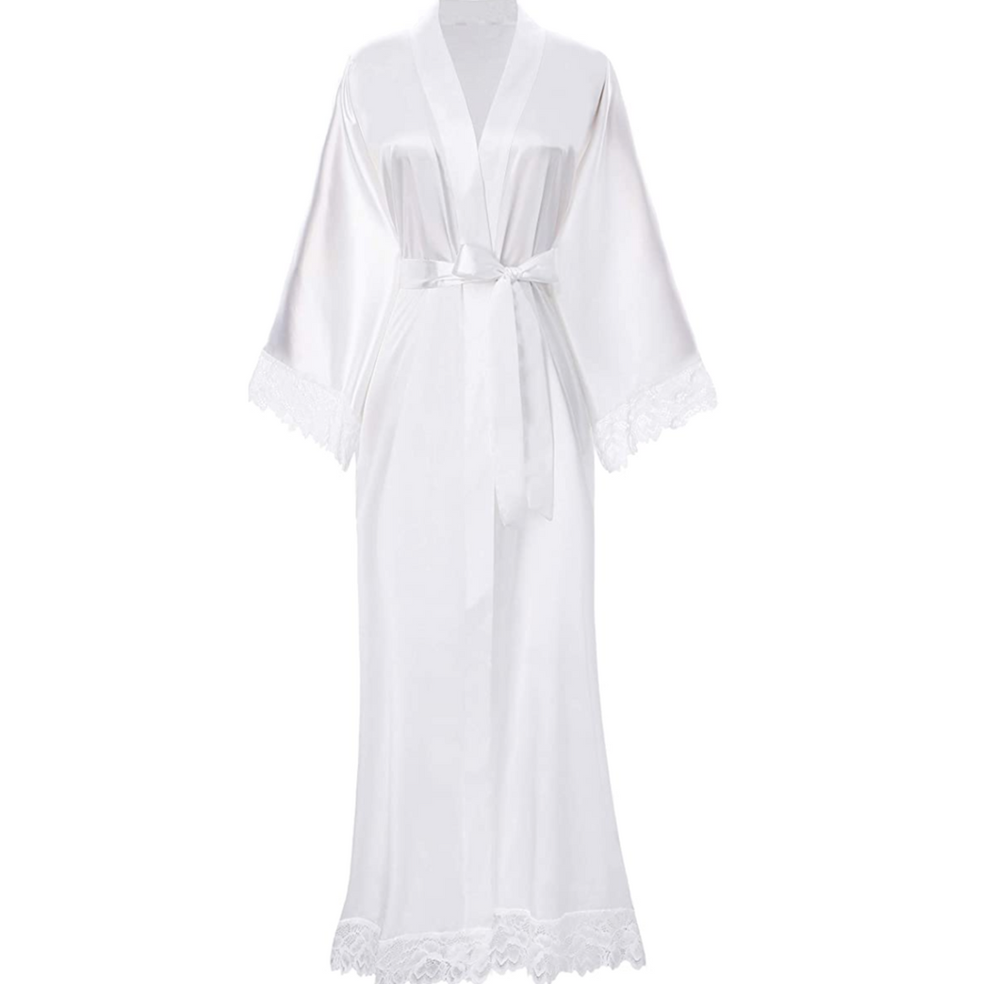 Lange Bademantel aus Satin mit Spitzen Details