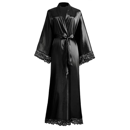 Lange Bademantel aus Satin mit Spitzen Details