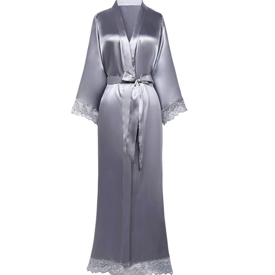 Lange Bademantel aus Satin mit Spitzen Details