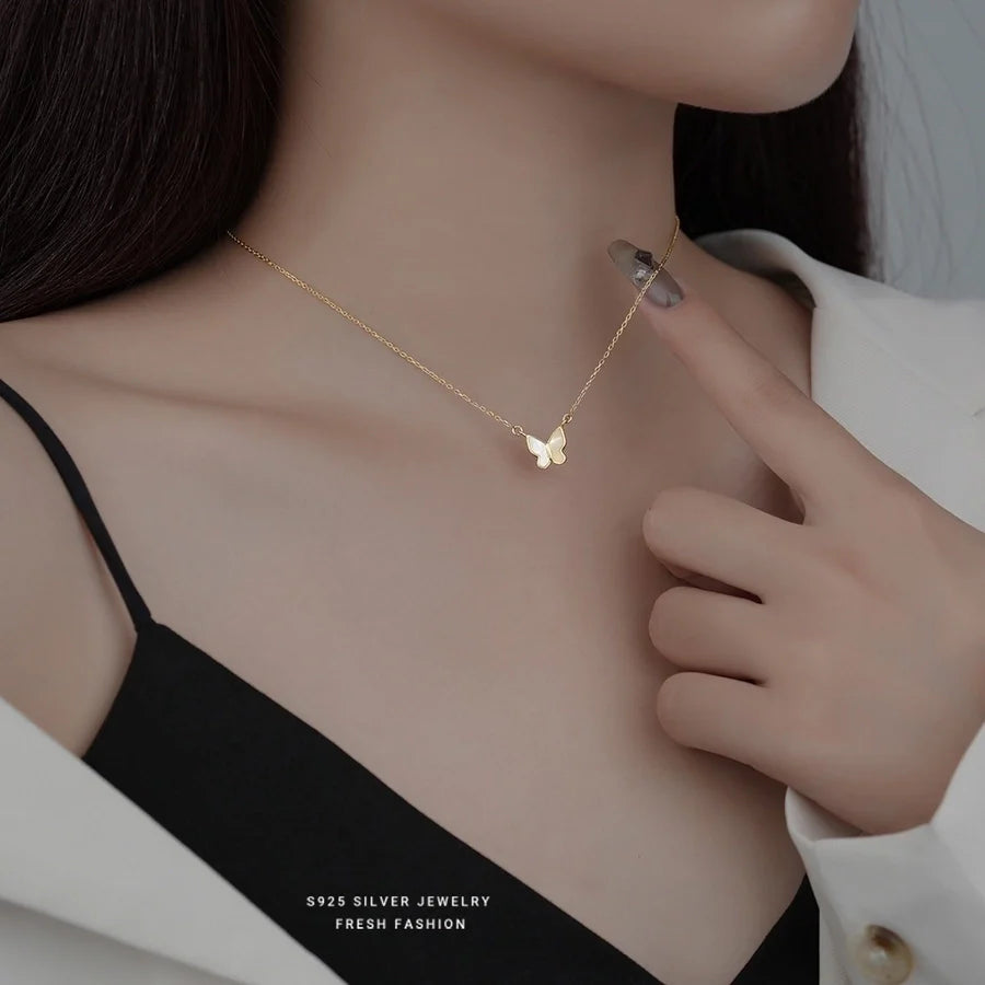 925 Sterling Silber Weiße Muschel Kabelkette Beschichtung Schmetterlingsanhänger Halskette | Shop Nory