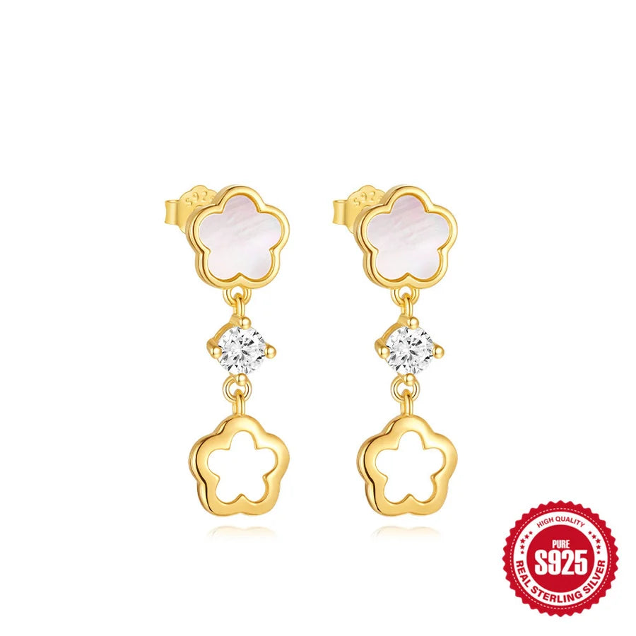 S925 Sterlingsilber Blütenweiße Muschel Verfeinerte Strass Schlüsselbeinghänger Hohlstud Ohrringe Anzug Bester Verkäufer in Schmuck | Shop Nory