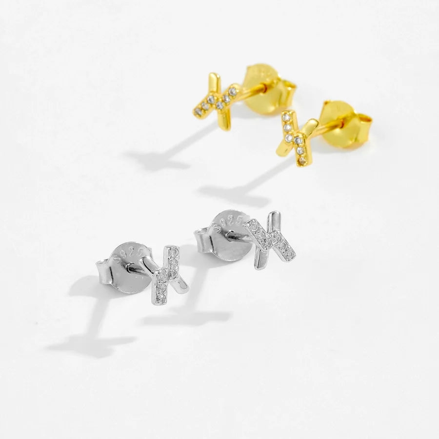 1 Paar 18K Goldbeschichtete Weißgoldbeschichtete 925 Sterling Silber Zirkon 925 Sterling Silber Ohrringe Buchstaben Ohrstecker | Shop Nory