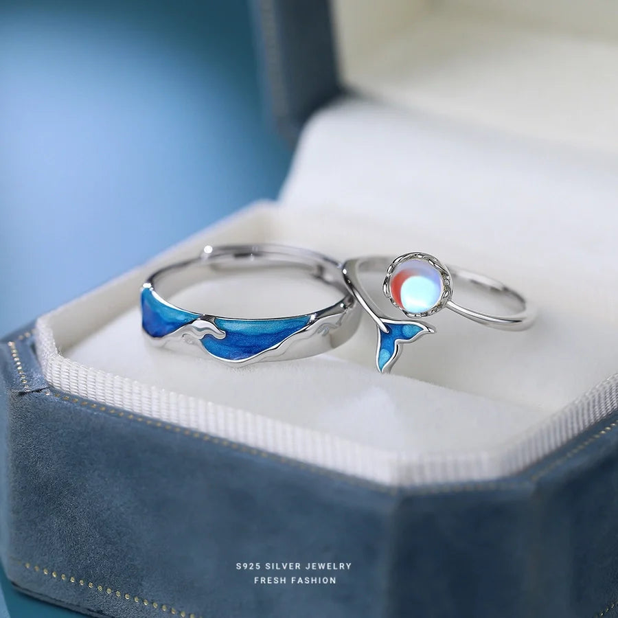 925 Sterling Silber Künstlicher Mondstein Meereswelle Fischschwanz Wal Offene Ringe 925 Sterling Silber Ringe | Shop Nory