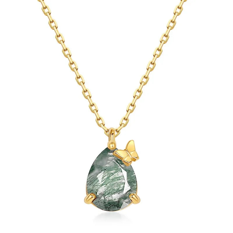 925 Sterling Silber Grüner Moosstein Kabelkette Beschichtung Wassertropfen Anhänger Halskette | Shop Nory