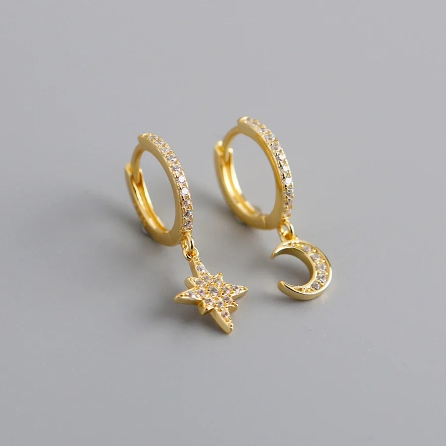 1 Paar 18K Goldbeschichtet Weißgoldbeschichtet 925 Sterlingsilber Zirkon 925 Sterlingsilber Ohrringe Stern Mond Tropf Ohrringe | Shop Nory