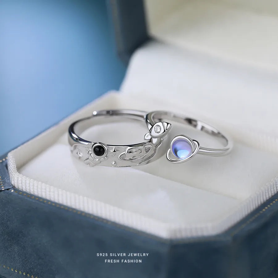 925 Sterling Silver Künstlicher Mondstein Achat Zirkon Astronaut Planet Offene Ringe 925 Sterling Silber Ringe | Shop Nory