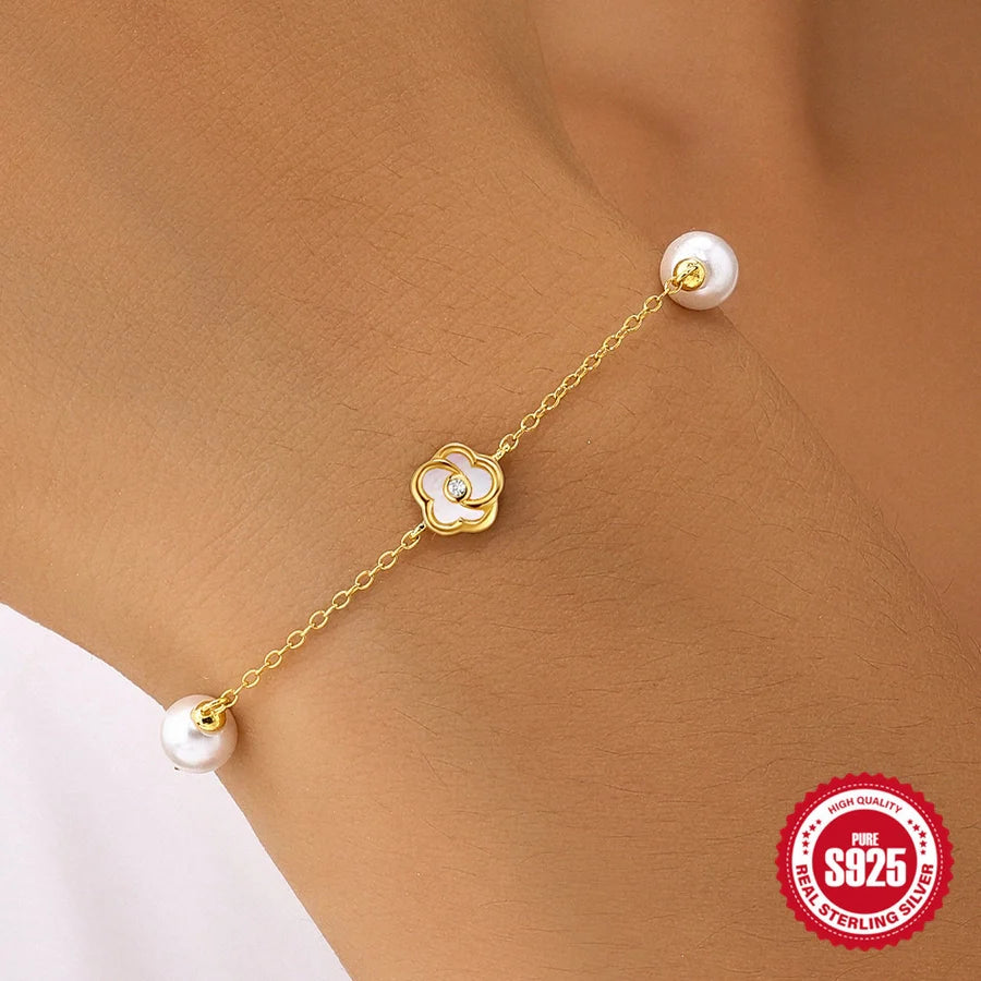 S925 Sterling Silver Perlen Fünfblätterblume Weiße Muschel Temperament Halskette, Armband Set Koreanischer Stil Nische Hoher Sinn Armband Halskette | Shop Nory