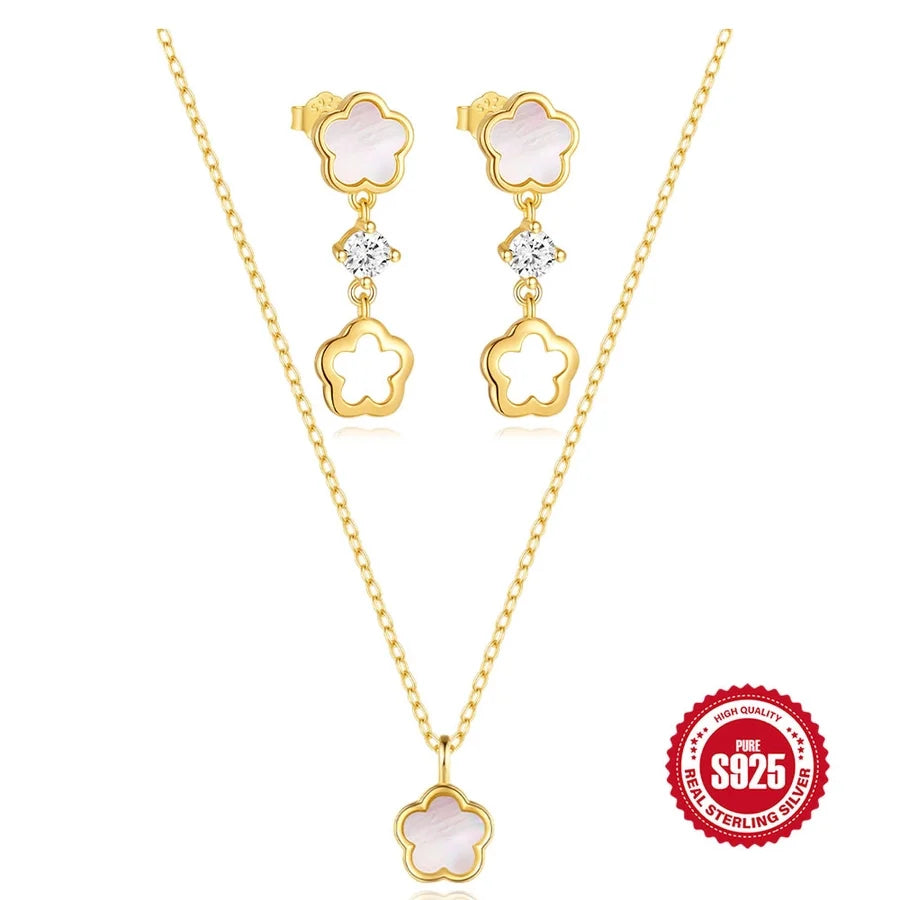 S925 Sterlingsilber Blütenweiße Muschel Verfeinerte Strass Schlüsselbeinghänger Hohlstud Ohrringe Anzug Bester Verkäufer in Schmuck | Shop Nory