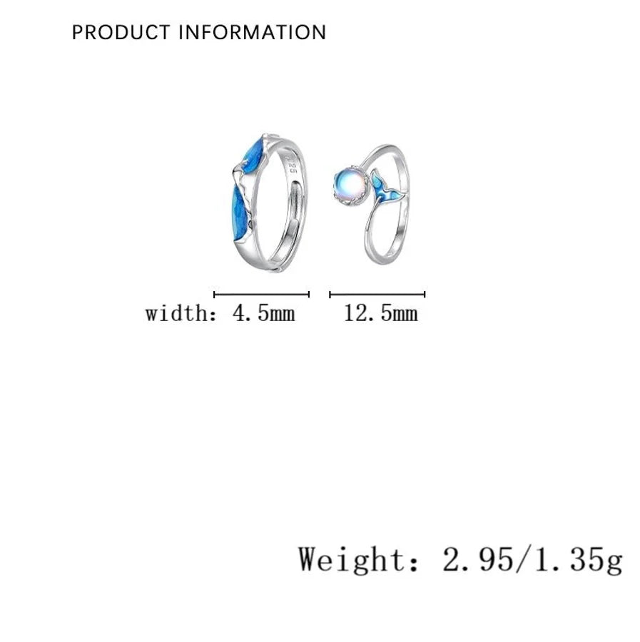 925 Sterling Silber Künstlicher Mondstein Meereswelle Fischschwanz Wal Offene Ringe 925 Sterling Silber Ringe | Shop Nory