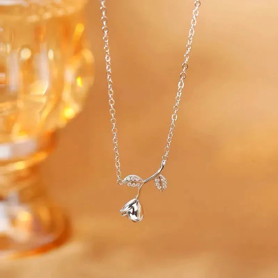 925 Sterlingsilber Zirkon Kabelkette Einlage Rose Halskette | Shop Nory