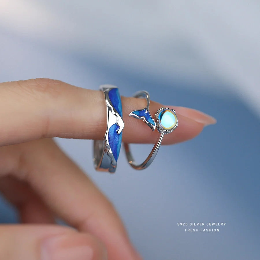 925 Sterling Silber Künstlicher Mondstein Meereswelle Fischschwanz Wal Offene Ringe 925 Sterling Silber Ringe | Shop Nory
