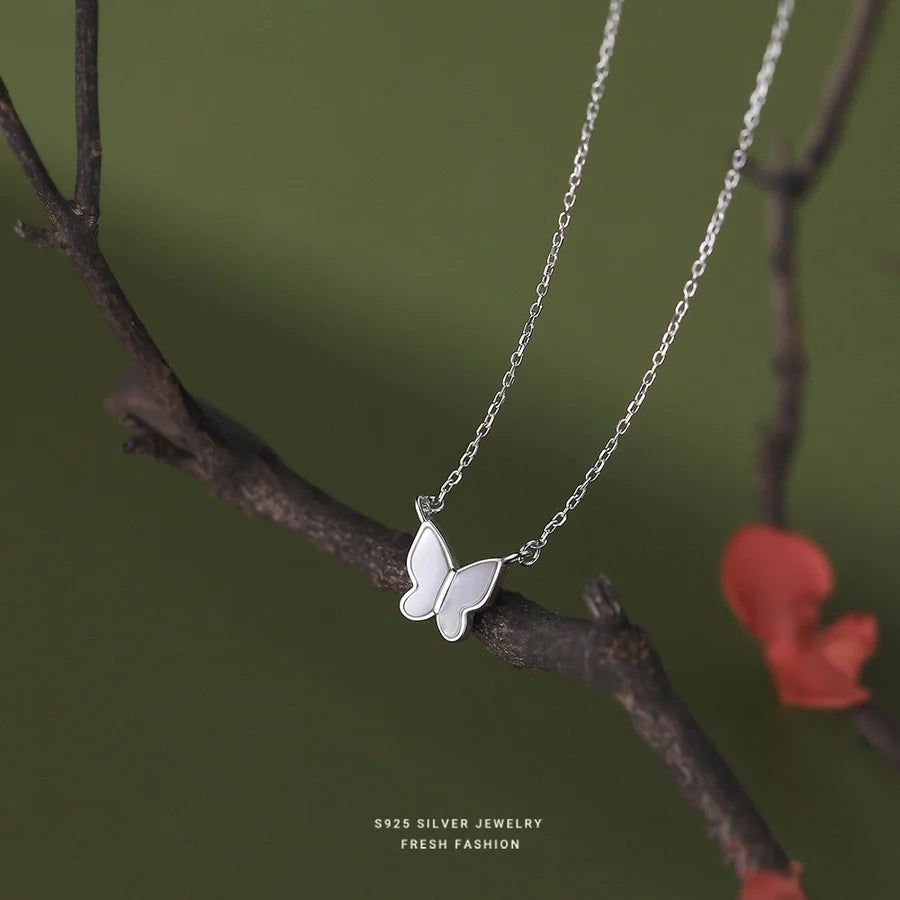 925 Sterling Silber Weiße Muschel Kabelkette Beschichtung Schmetterlingsanhänger Halskette | Shop Nory