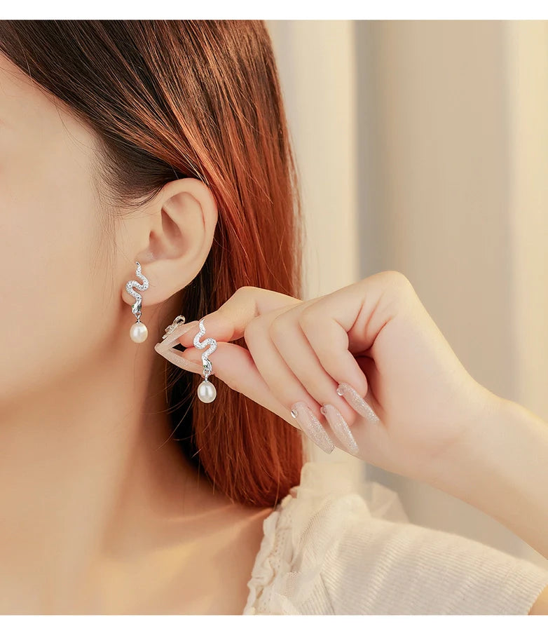 1 Paar 18K vergoldet Weißgold-plattiert 925 Sterling Silber Perle Zirkon 925 Sterling Silber Ohrringe Schlangenohrringe | Shop Nory