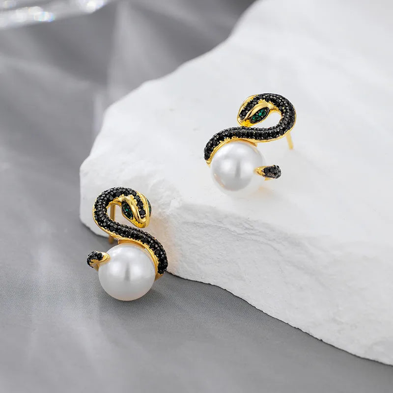 1 Paar 18K Gold Plattiert Weißgold Plattiert 925 Sterling Silber Perle Zirkon 925 Sterling Silber Ohrringe Schlange Ohrstecker | Shop Nory