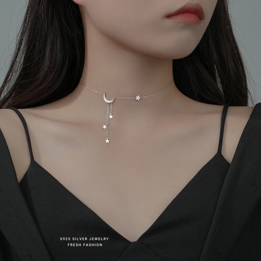 925 Sterling Silver Zircon Kettengehäuse Stern Mond Anhänger Halskette | Shop Nory