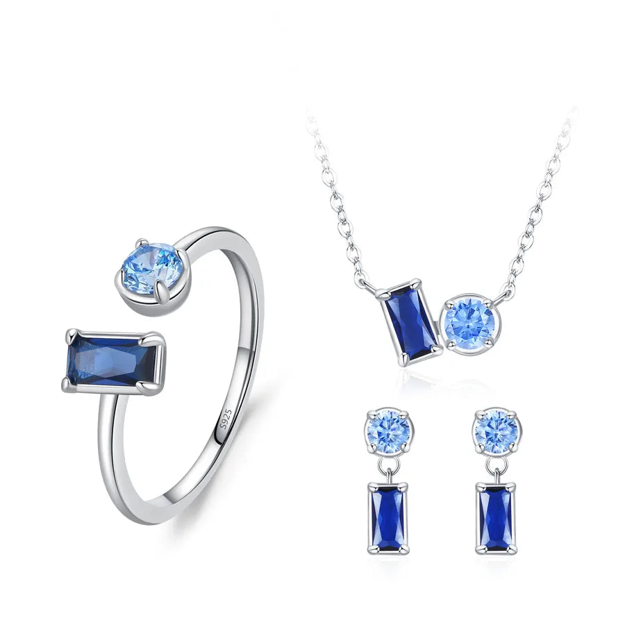 Neue S925 Sterling Silber Elegante Saphir Quadrat rund Diamant Ohrringe Halskette Ring Mode Temperament Schmuck Set | Shop Nory