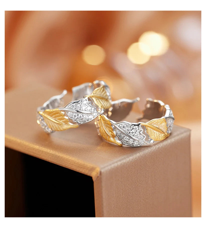 18K Gold Plated Weißgold Plated 925 Sterling Silber Zirkon Unregelmäßige Blätter Offene Ringe 925 Sterling Silber Ringe | Shop Nory