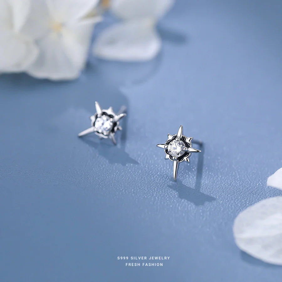 1 Paar S999 Silber Zirkon 925 Sterling Silber Ohrringe Achtstrahlige Stern Ohrstecker | Shop Nory