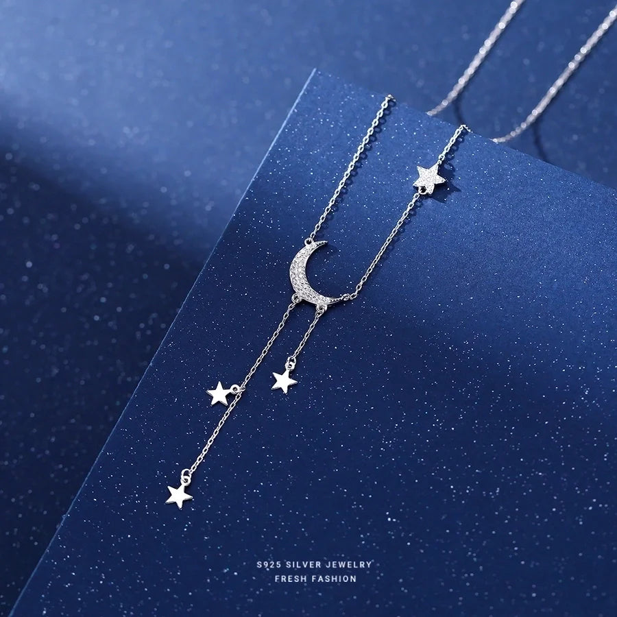 925 Sterling Silver Zircon Kettengehäuse Stern Mond Anhänger Halskette | Shop Nory