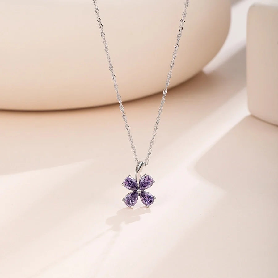 925 Sterling Silber Zirkon Polieren Einlage Blütenanhänger Halskette | Shop Nory