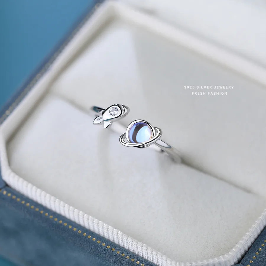 925 Sterling Silver Künstlicher Mondstein Achat Zirkon Astronaut Planet Offene Ringe 925 Sterling Silber Ringe | Shop Nory