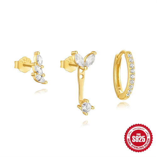 3-teiliges Set 925 Sterling Silber Zirkon 925 Sterling Silber Ohrringe Geometrische Blätter Blumen Ohrringe Ohrstecker | Shop Nory