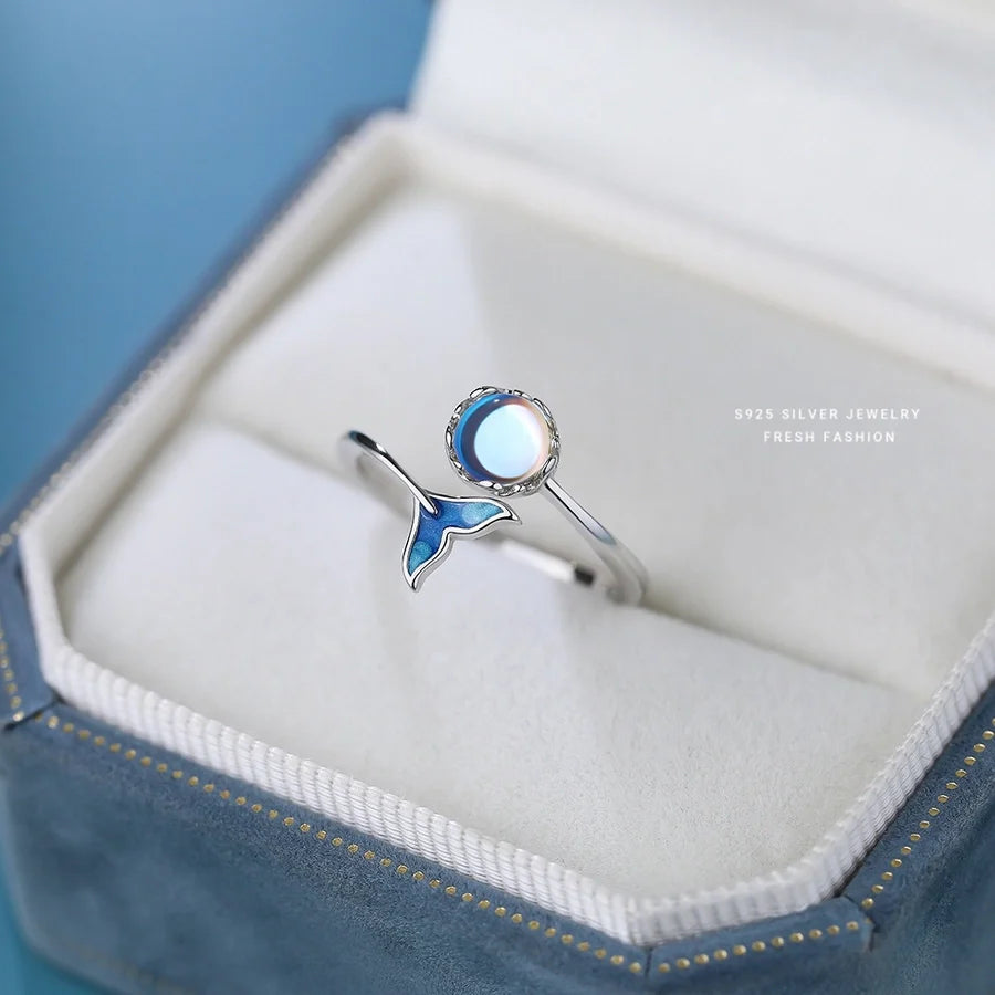 925 Sterling Silber Künstlicher Mondstein Meereswelle Fischschwanz Wal Offene Ringe 925 Sterling Silber Ringe | Shop Nory
