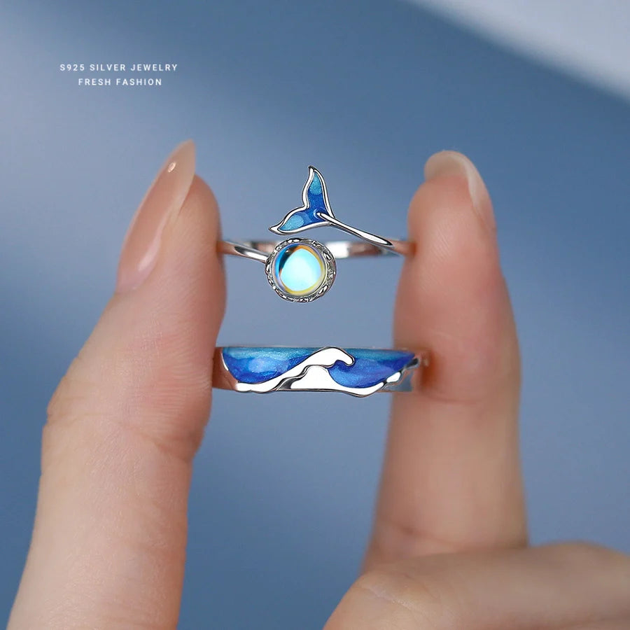 925 Sterling Silber Künstlicher Mondstein Meereswelle Fischschwanz Wal Offene Ringe 925 Sterling Silber Ringe | Shop Nory
