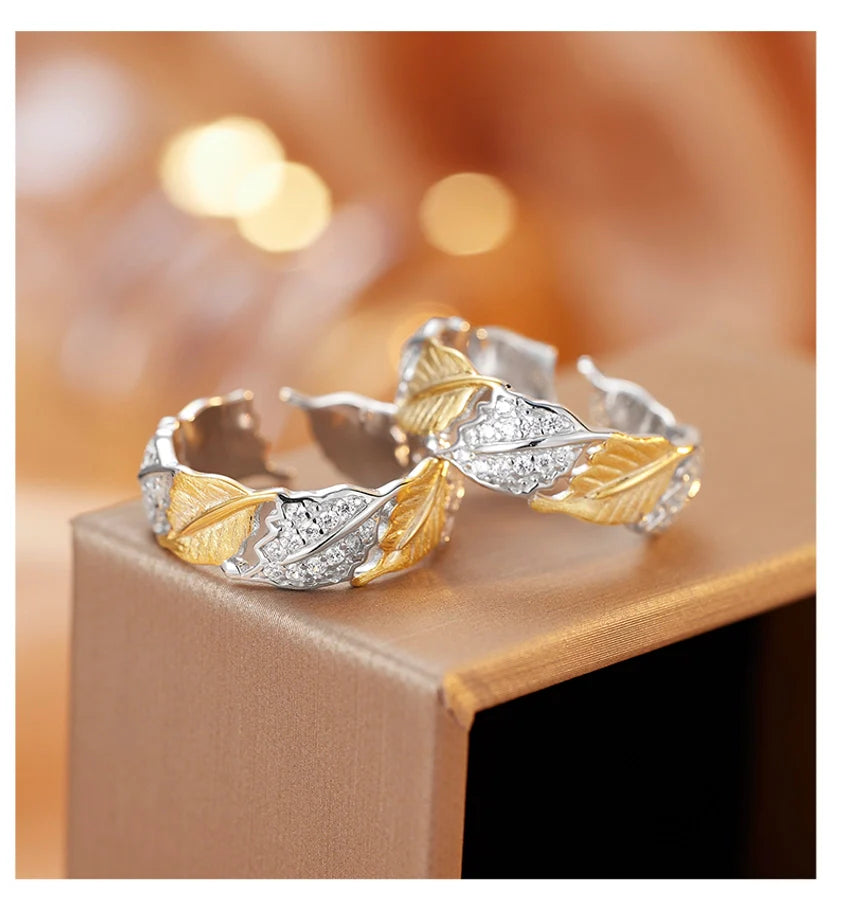 18K Gold Plated Weißgold Plated 925 Sterling Silber Zirkon Unregelmäßige Blätter Offene Ringe 925 Sterling Silber Ringe | Shop Nory