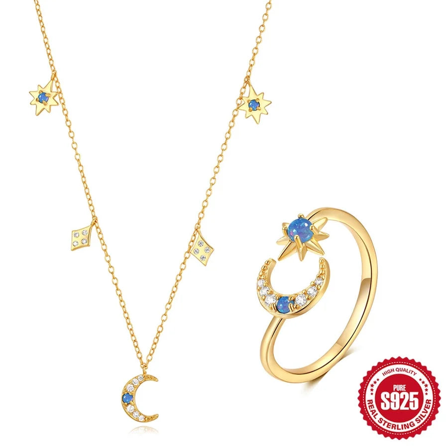 S925 Sterling Silber Stern Mond Eingelassene Opal Zwillings-Halskette Verstellbare Ring Set   Heiße Verkaufs Schmuck | Shop Nory