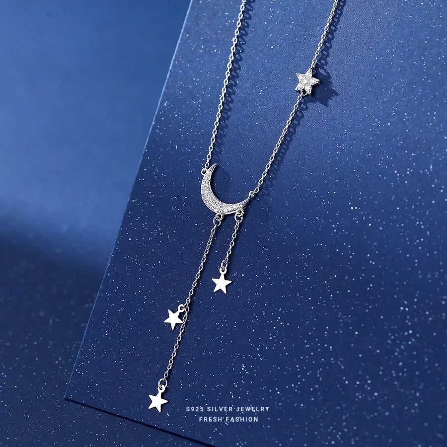 925 Sterling Silver Zircon Kettengehäuse Stern Mond Anhänger Halskette | Shop Nory