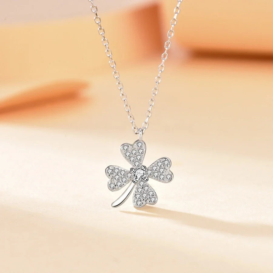 925 Sterling Silber Zirkon Kabelkette Einlage Glücksklee Anhänger Halskette | Shop Nory