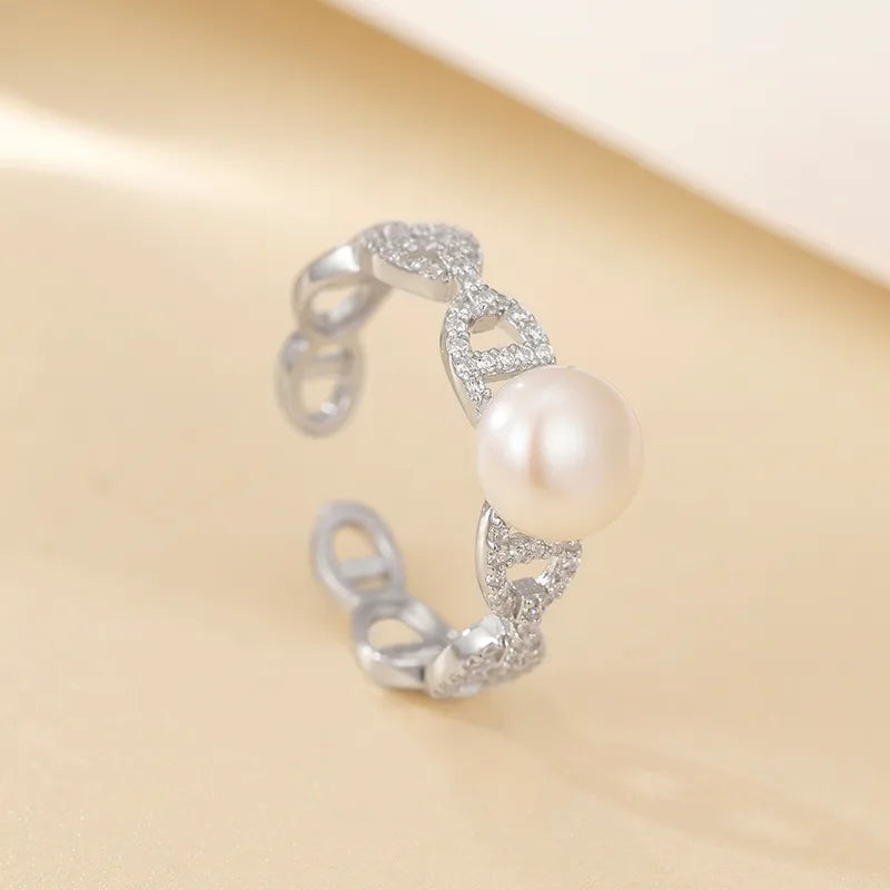 18K vergoldet Weißgold vergoldet 925 Sterling Silber Perle Zirkon Geometrische Linien Offene Ringe | Shop Nory
