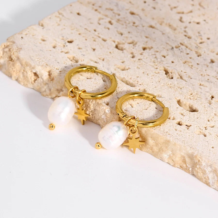 Creolen "Star" in Edelstahl - 18k vergoldet mit Perle | Shop Nory