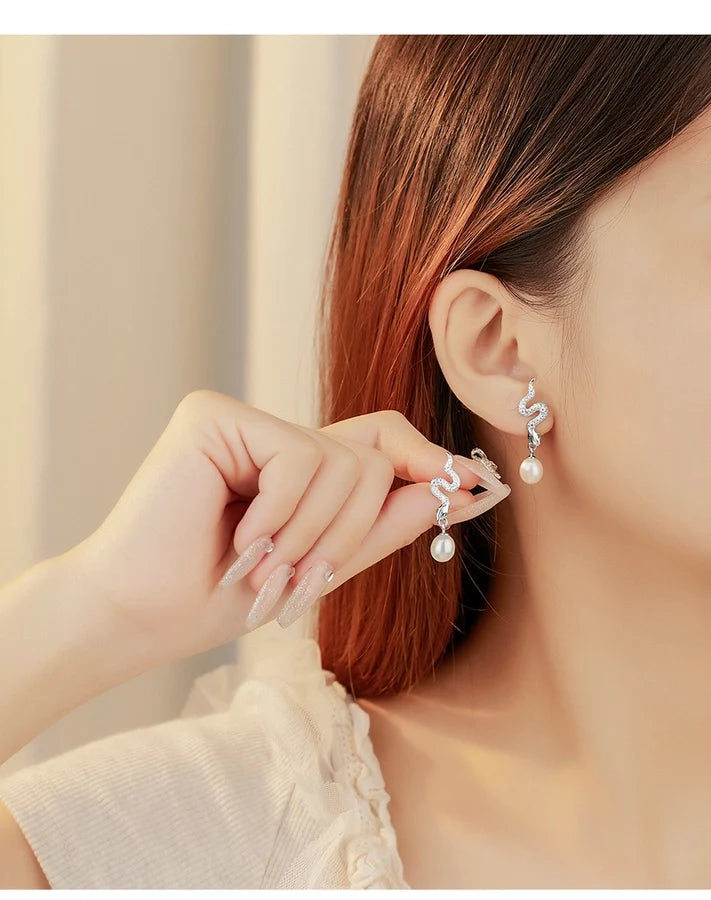 1 Paar 18K vergoldet Weißgold-plattiert 925 Sterling Silber Perle Zirkon 925 Sterling Silber Ohrringe Schlangenohrringe | Shop Nory