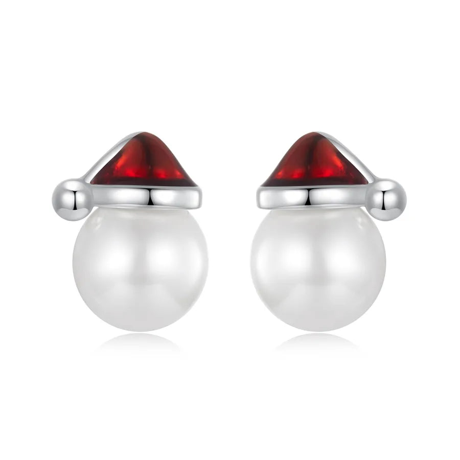 1 Paar Weißgold beschichtete 925 Sterling Silber Perle Weihnachten Hut Schneemann Ohrstecker | Shop Nory