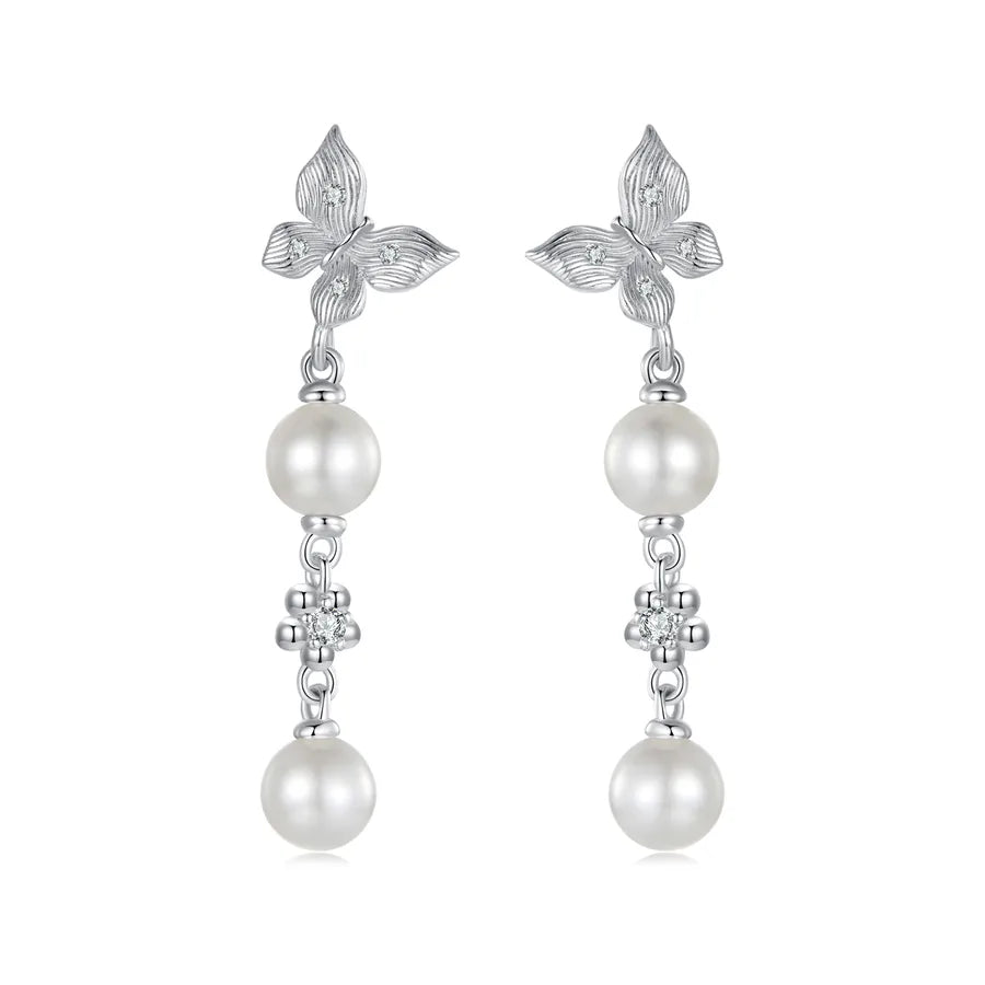 1 Paar  weiß vergoldete 925 Sterling Silber Perle Zirkon Schmetterling Tropf Ohrringe | Shop Nory