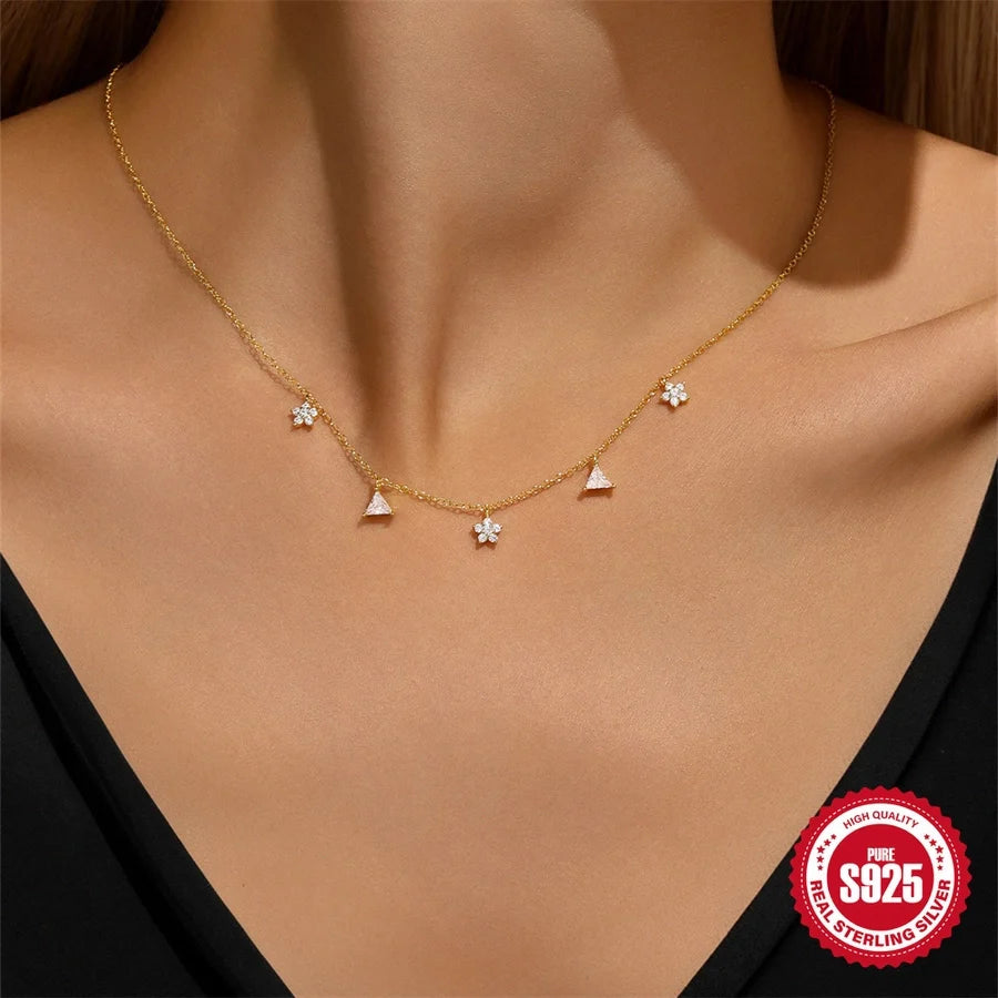 925 Sterling Silber Zirkon Kabelkette Plattierung Dreiecksblume Multi Charms Halskette | Shop Nory