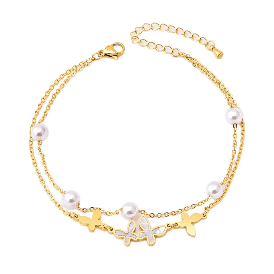 Fusskette Schmetterling mit weissen Perlen in gold oder silber | Shop Nory