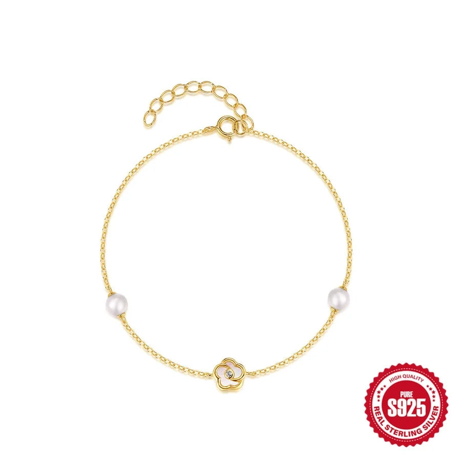 S925 Sterling Silver Perlen Fünfblätterblume Weiße Muschel Temperament Halskette, Armband Set Koreanischer Stil Nische Hoher Sinn Armband Halskette | Shop Nory