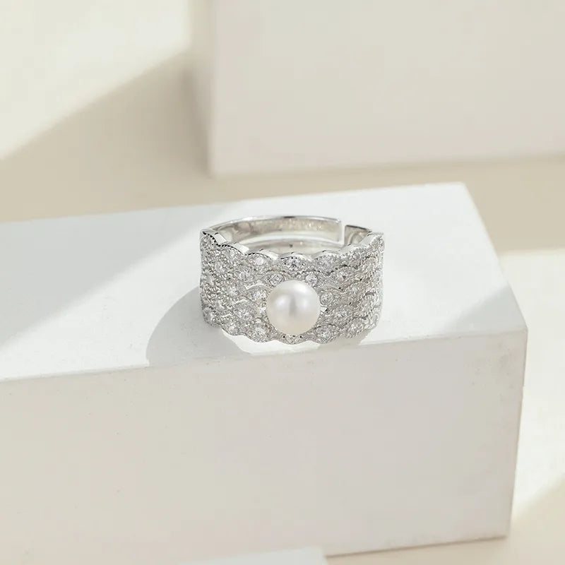 Weißvergoldeter 925 Sterling Silber Perle Zirkon Geometrischer Verstellbarer Ring 925 Sterling Silber Ringe | Shop Nory