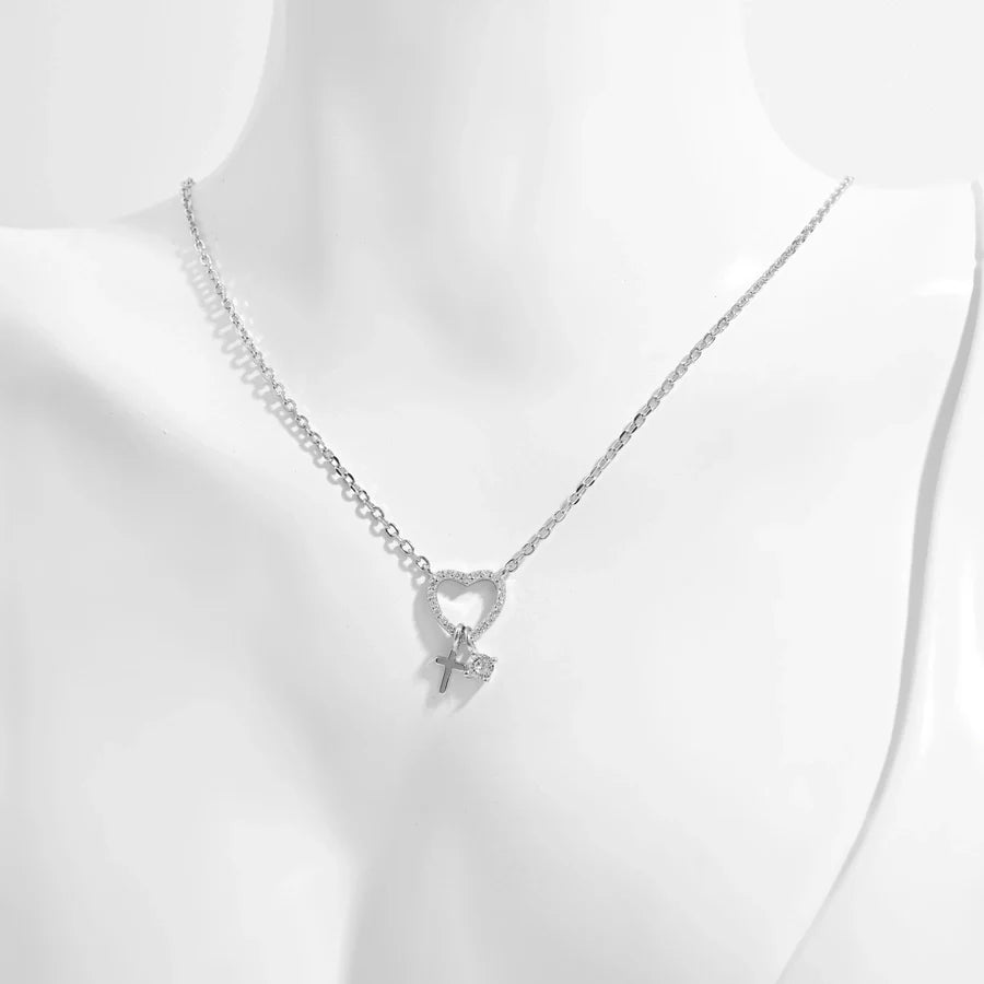 925 Sterling Silber Plattiert Zirkon Kabelkette Einlage Kreuz Herzform Anhänger Halskette | Shop Nory