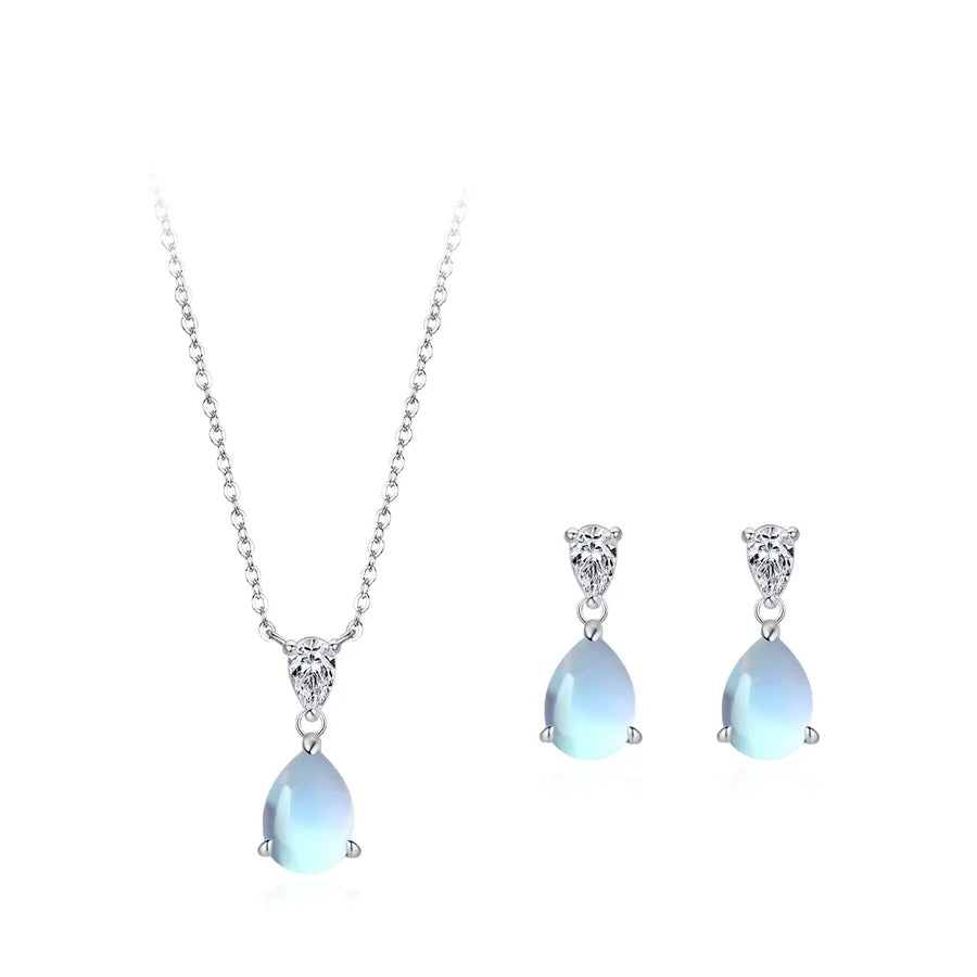Mori Style S925 Sterling Silver Wasserfall Tropfen Mondstein Ohrstecker Halsketten Kombination Frauen Leichte Luxus und Einfachheit Design Schmuck Set | Shop Nory