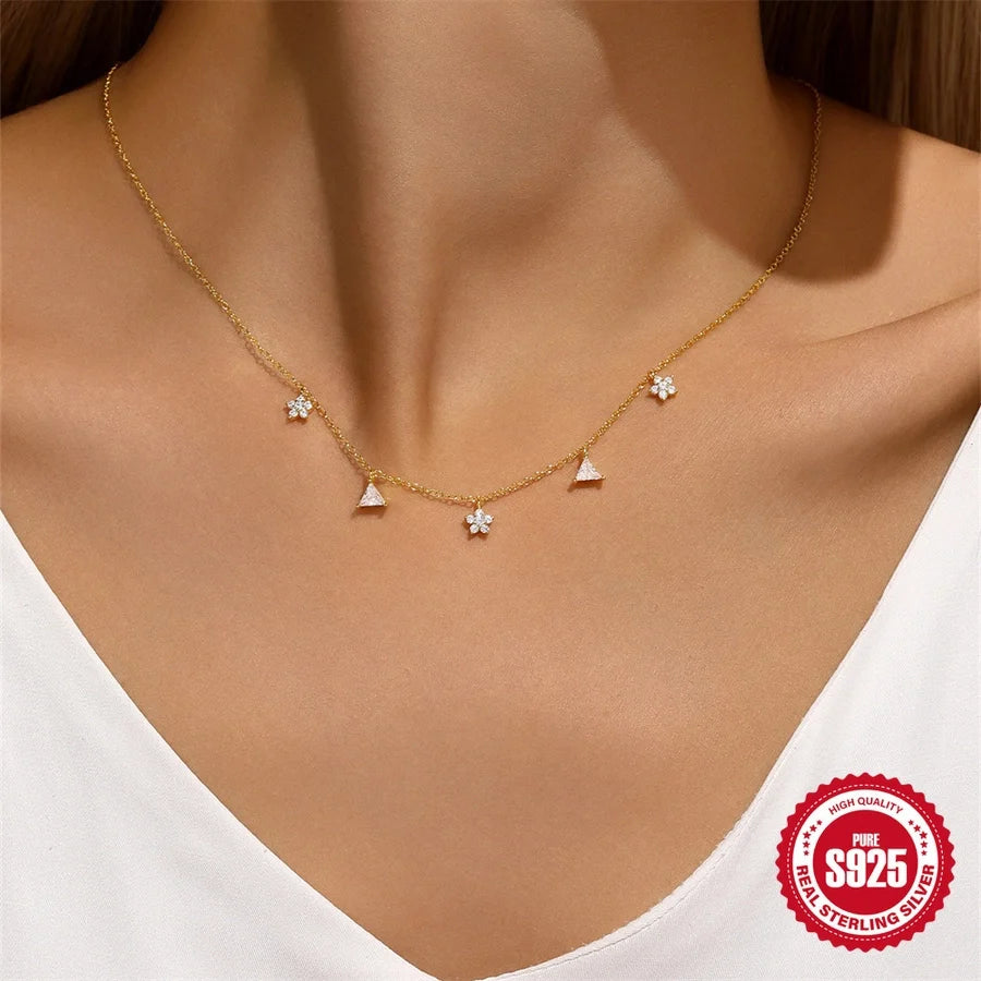 925 Sterling Silber Zirkon Kabelkette Plattierung Dreiecksblume Multi Charms Halskette | Shop Nory
