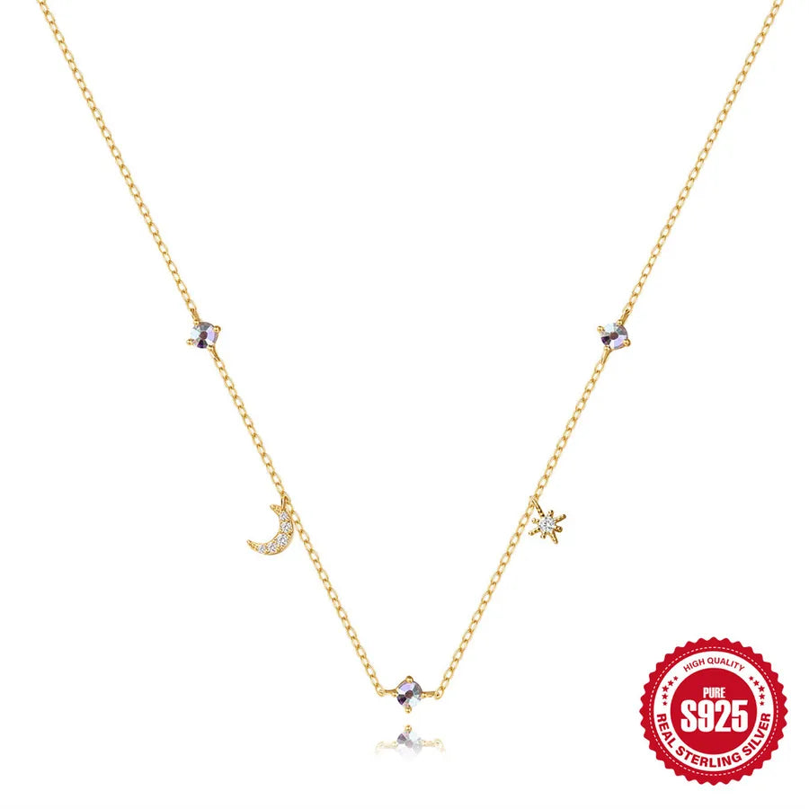 925 Sterling Silber Zirkon Kabelkette Beschichtung Stern Mond Multi Charms Halskette | Shop Nory
