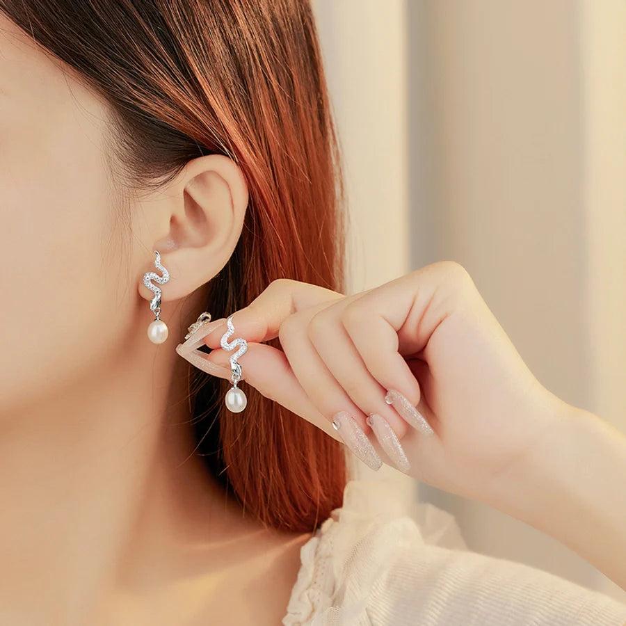 1 Paar 18K vergoldet Weißgold-plattiert 925 Sterling Silber Perle Zirkon 925 Sterling Silber Ohrringe Schlangenohrringe | Shop Nory